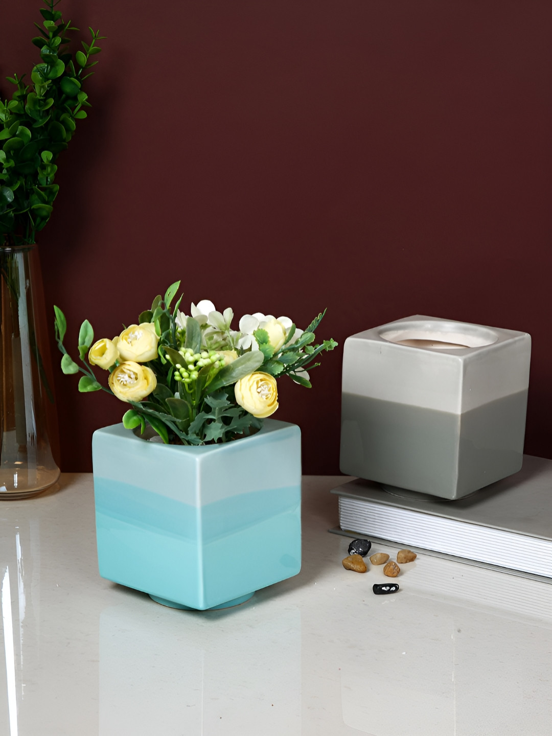 TAYHAA Blue & Grey 2 Pieces Color-blocked Gradient Square Ceramic Planters