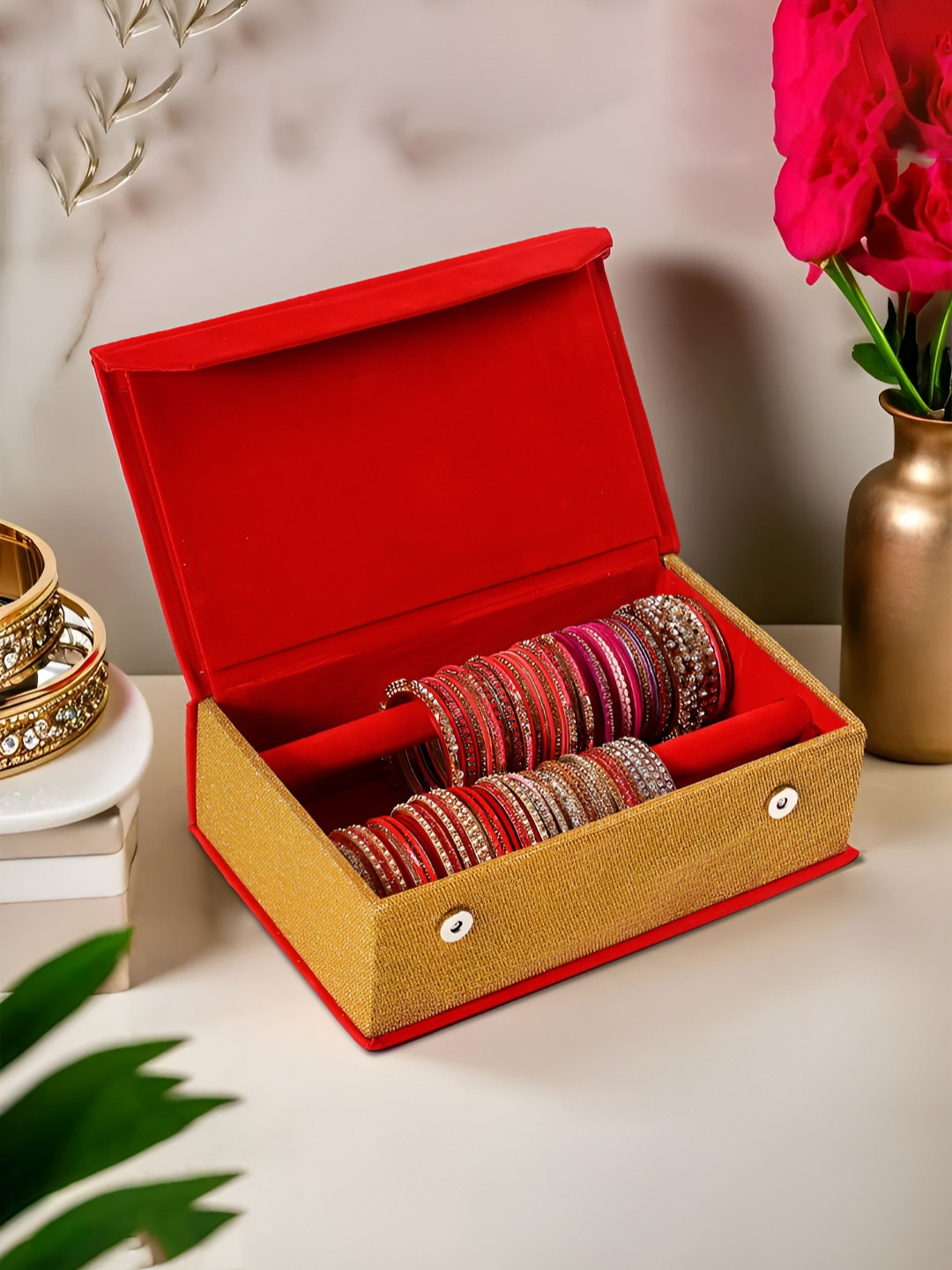 Aura Red & Gold Toned Velvet 2 Rod Bangle Box Jewellery Organiser