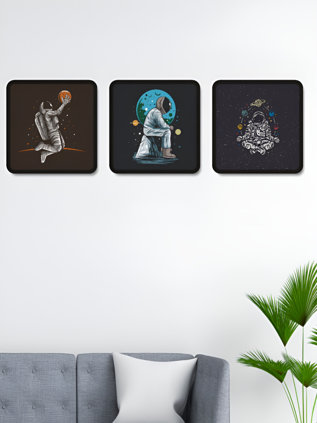 Myntra Elegant Homes Black & Blue 3 Pieces Space Men Wood Wall Art