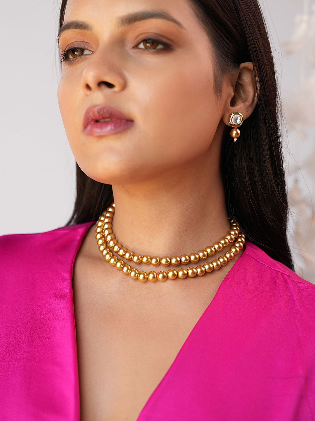 Binnis Wardrobe Gold Plated Ziva Two Strand Pearl Beaded Necklace With earrings