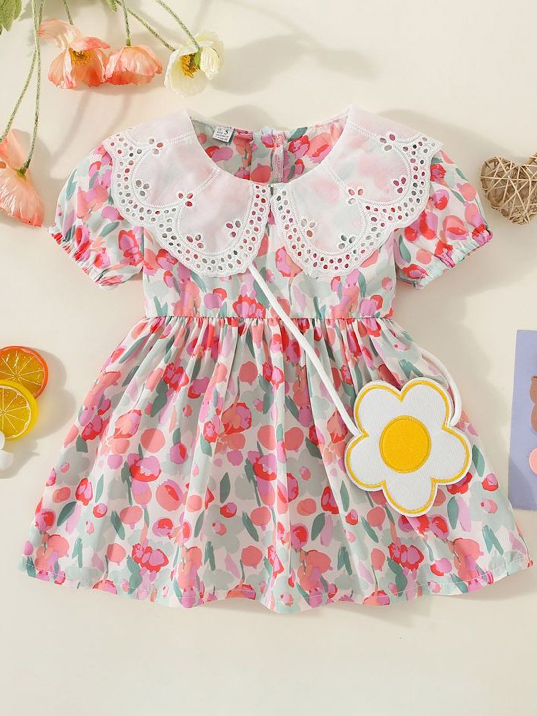 LULU & SKY Girls Floral Printed Fit & Flare Dress With Sling Bag