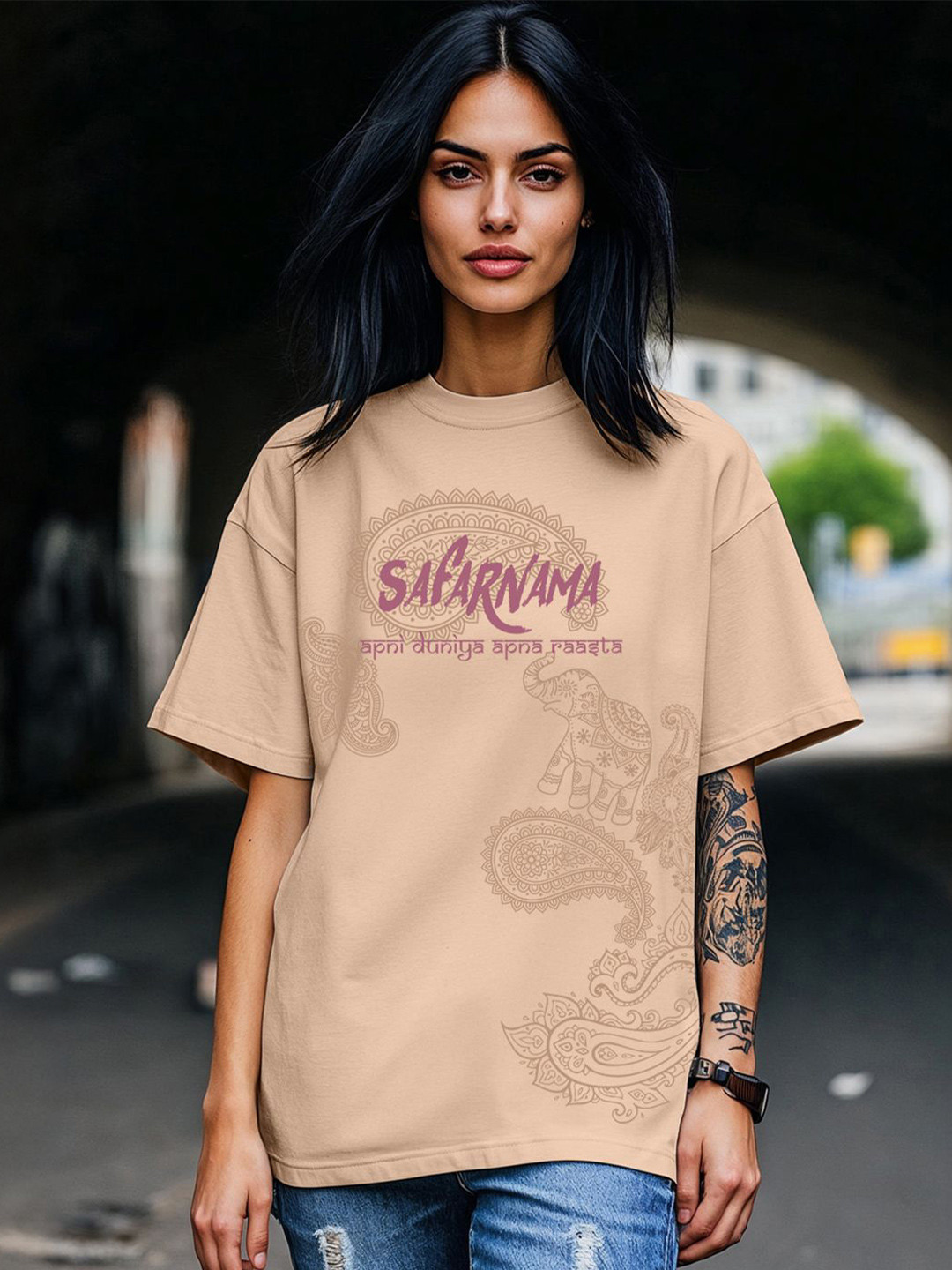 Bewakoof Women's Ginger Root Brown Safarnama Graphic Printed Oversized T-shirt