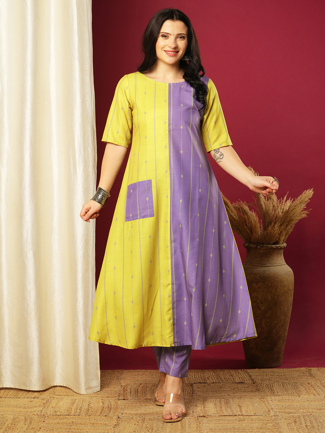 GoSriKi Geomtectic Woven Design Round Neck A-Line Kurta With Trousers