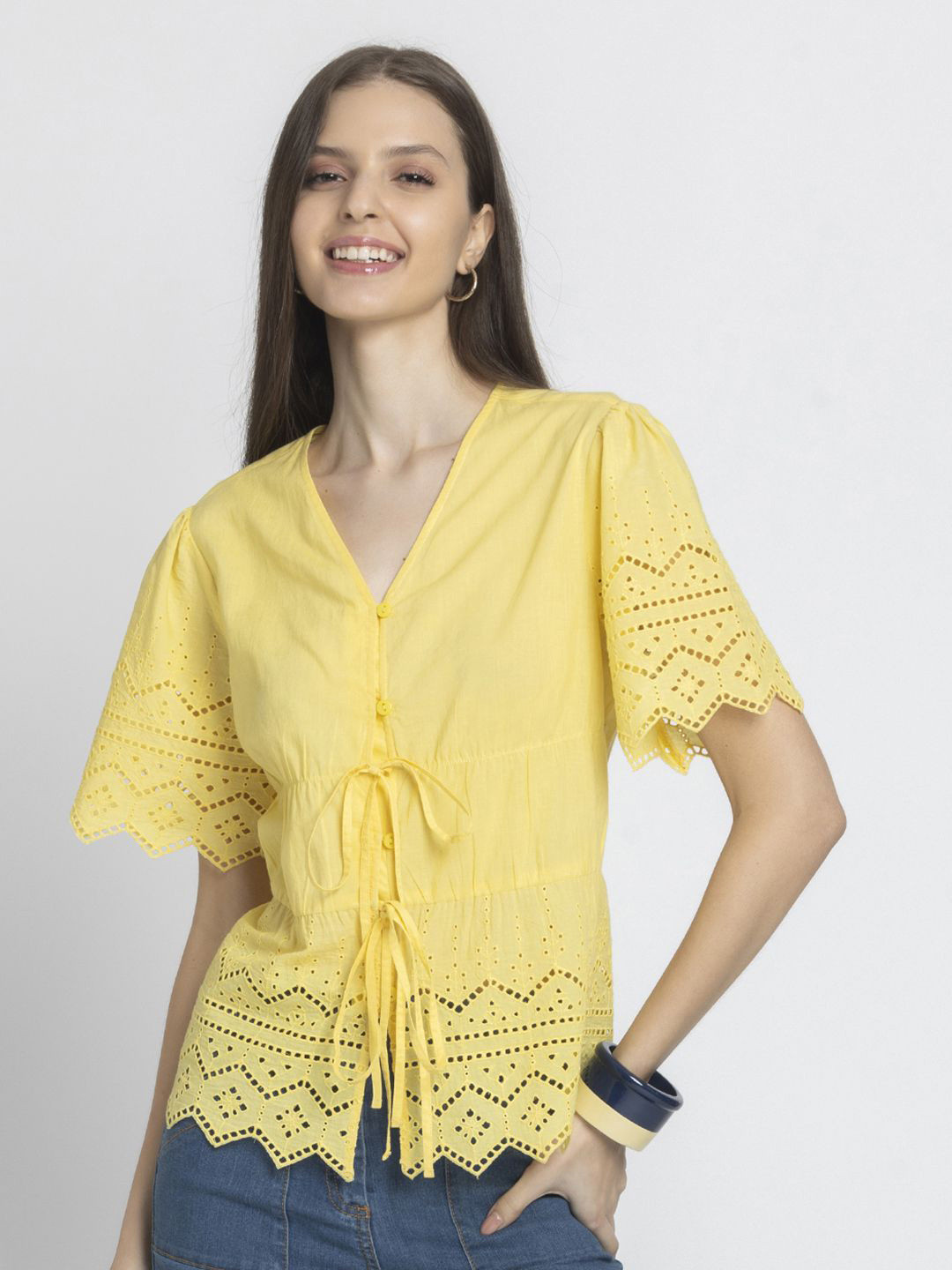 SHAYE Women Shaye Yellow V-Neck Schiffli Embroidered Short Sleeves Casual Tops