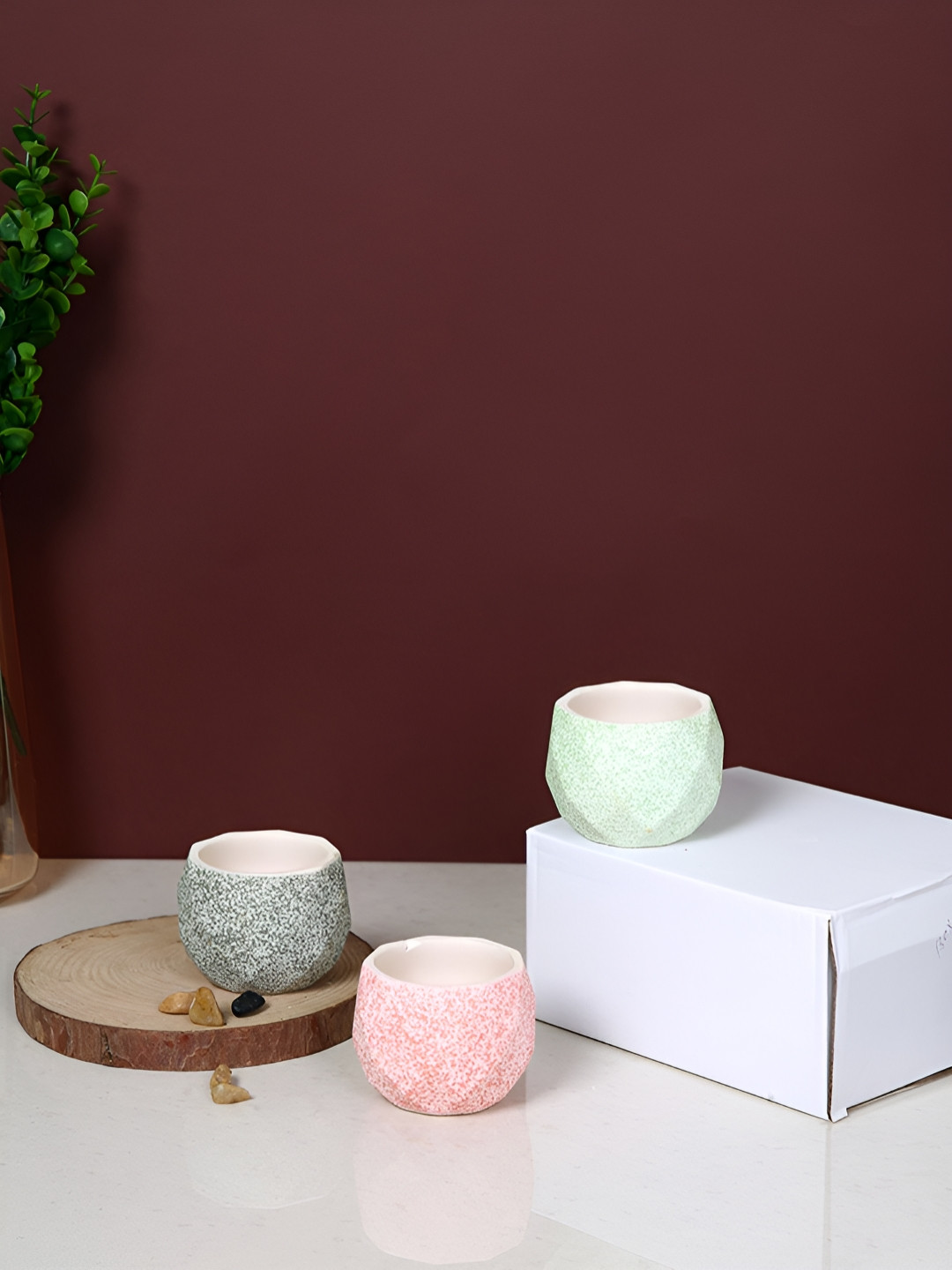 TAYHAA Grey & Pink 3 Pieces Speckled Faceted Printed Ceramic Planters