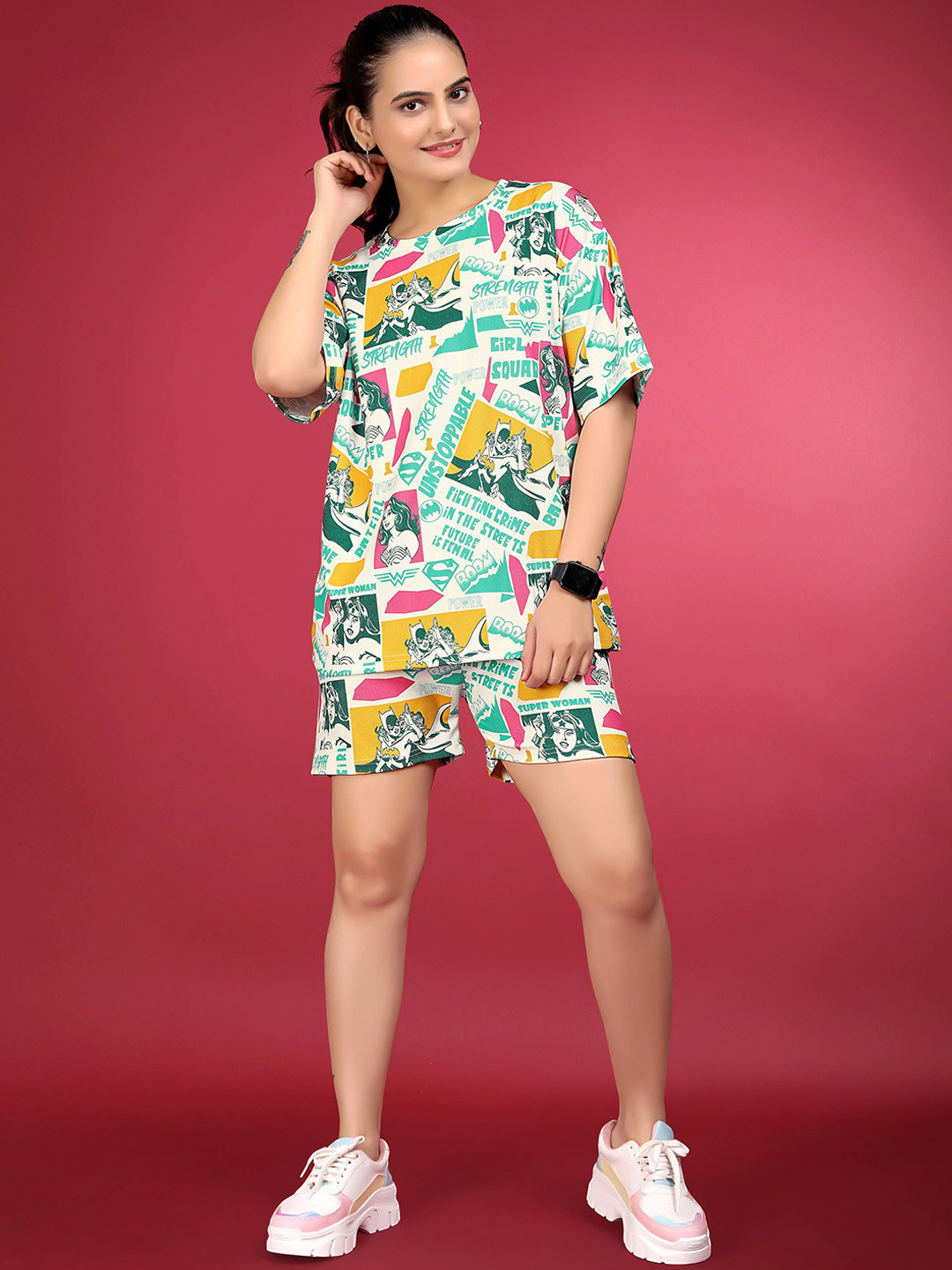 JK Creation Super Girl Printed Round Neck T-Shirt & Shorts