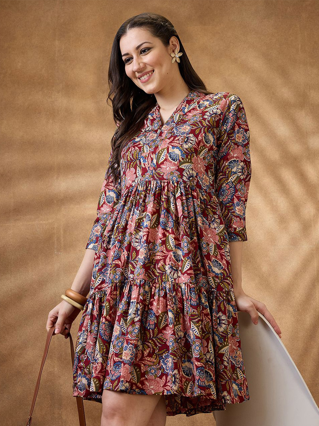Globus Floral Print V-Neck Tiered A-Line Mini Fusion Dress