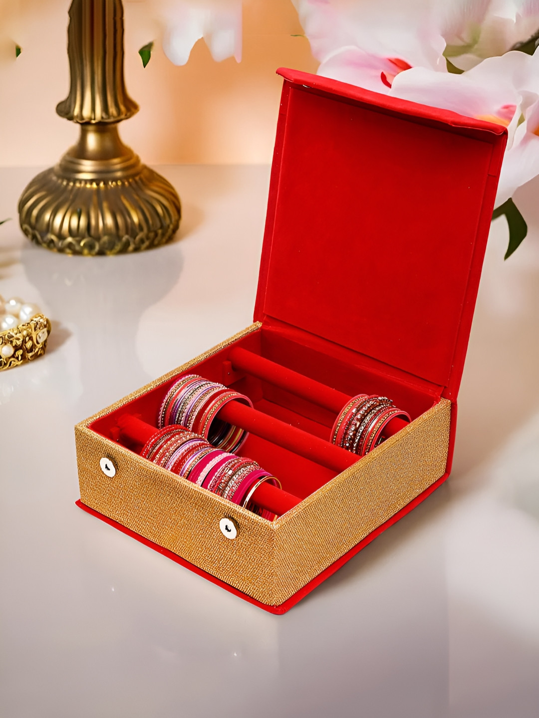 Aura Red & Brown Velvet 3 Rod Bangle Box Jewellery Organiser With Magnetic Buckles