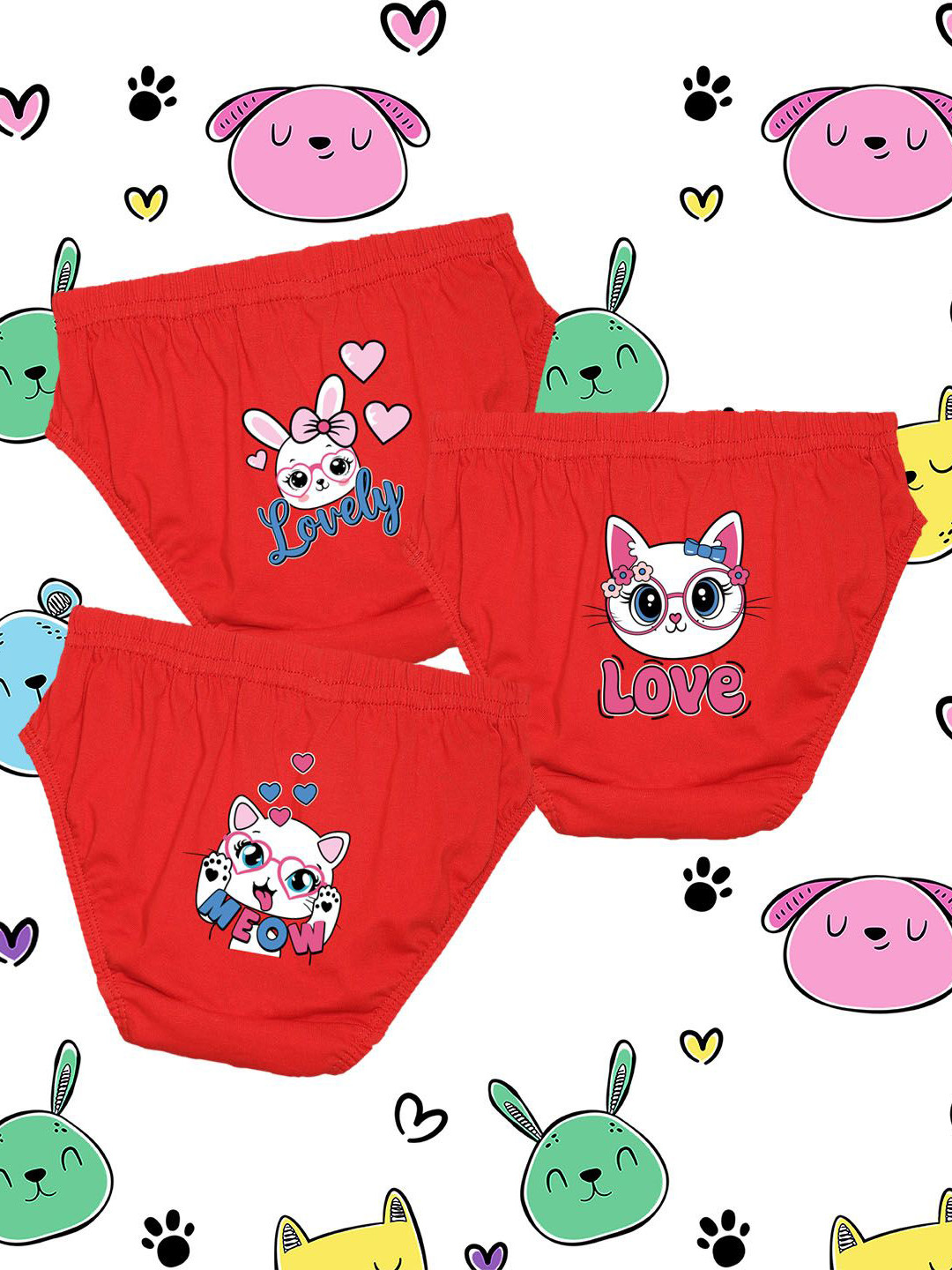 NUSYL Girls Pack Of 3 Kitty & Bunny Printed Pure Cotton Basic Briefs