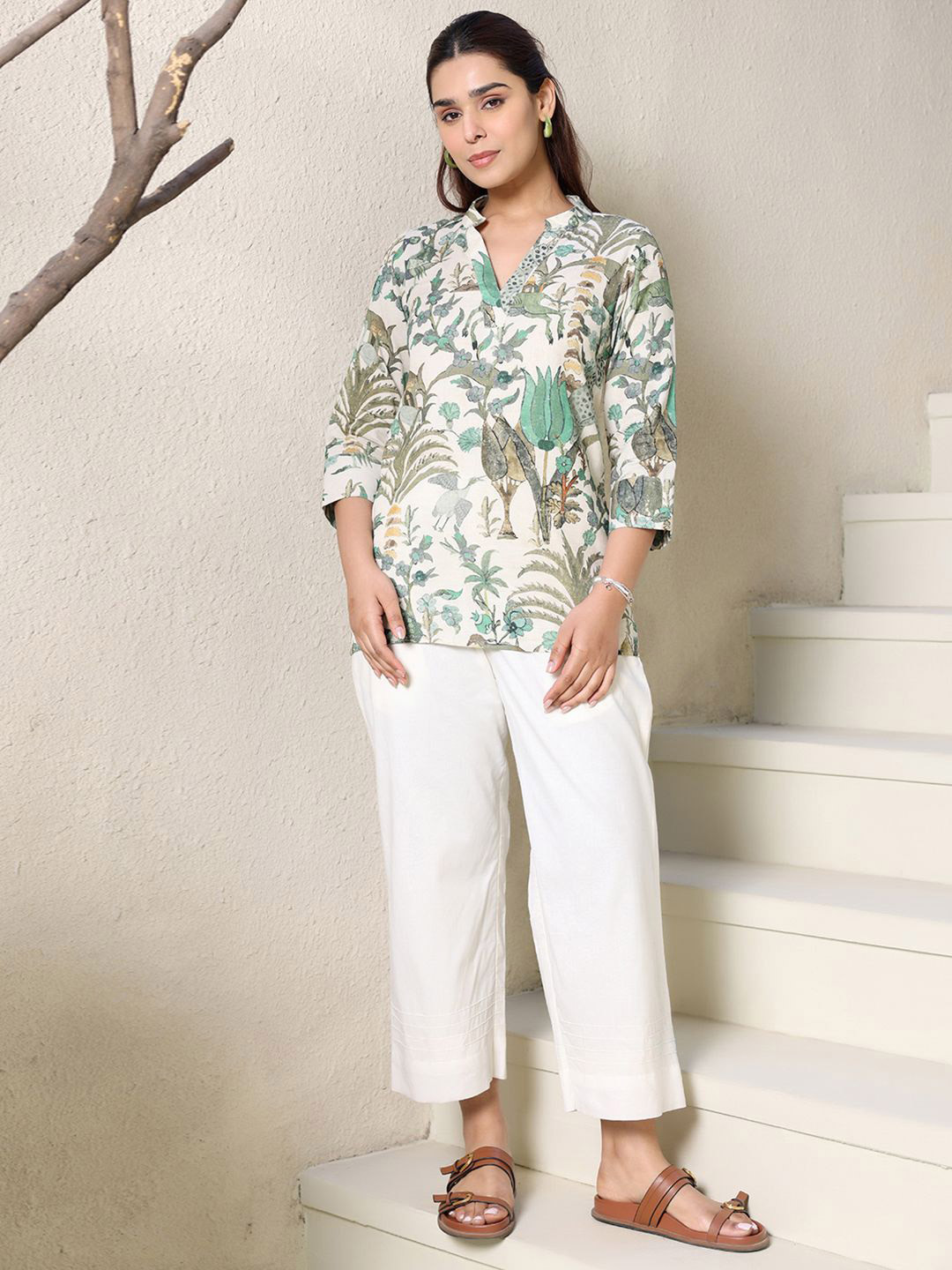Ambraee White Printed Cotton Tunic With Trouser Co-Ords