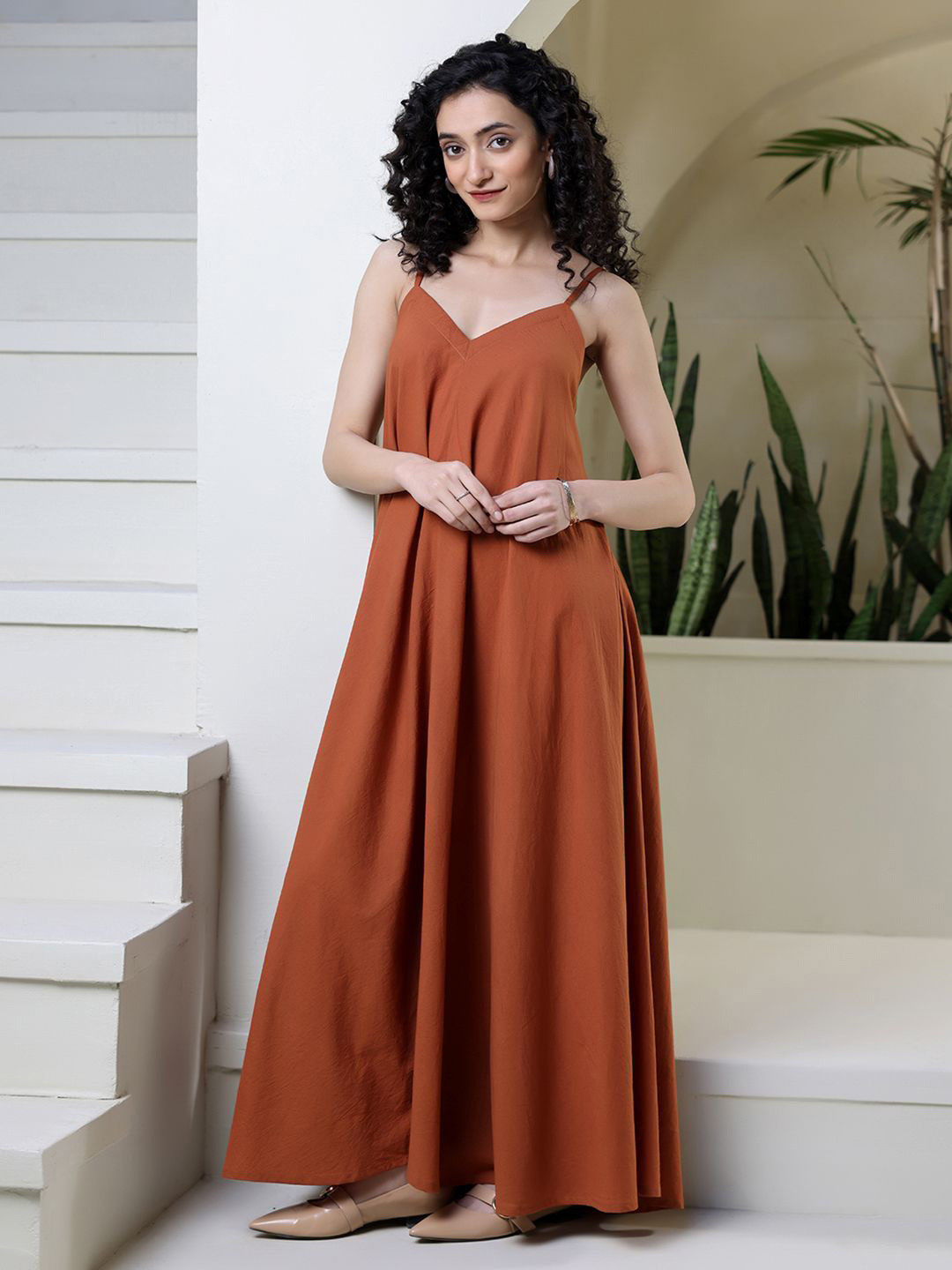 Ambraee Women Rust Strappy Cotton A-Line Maxi Dress