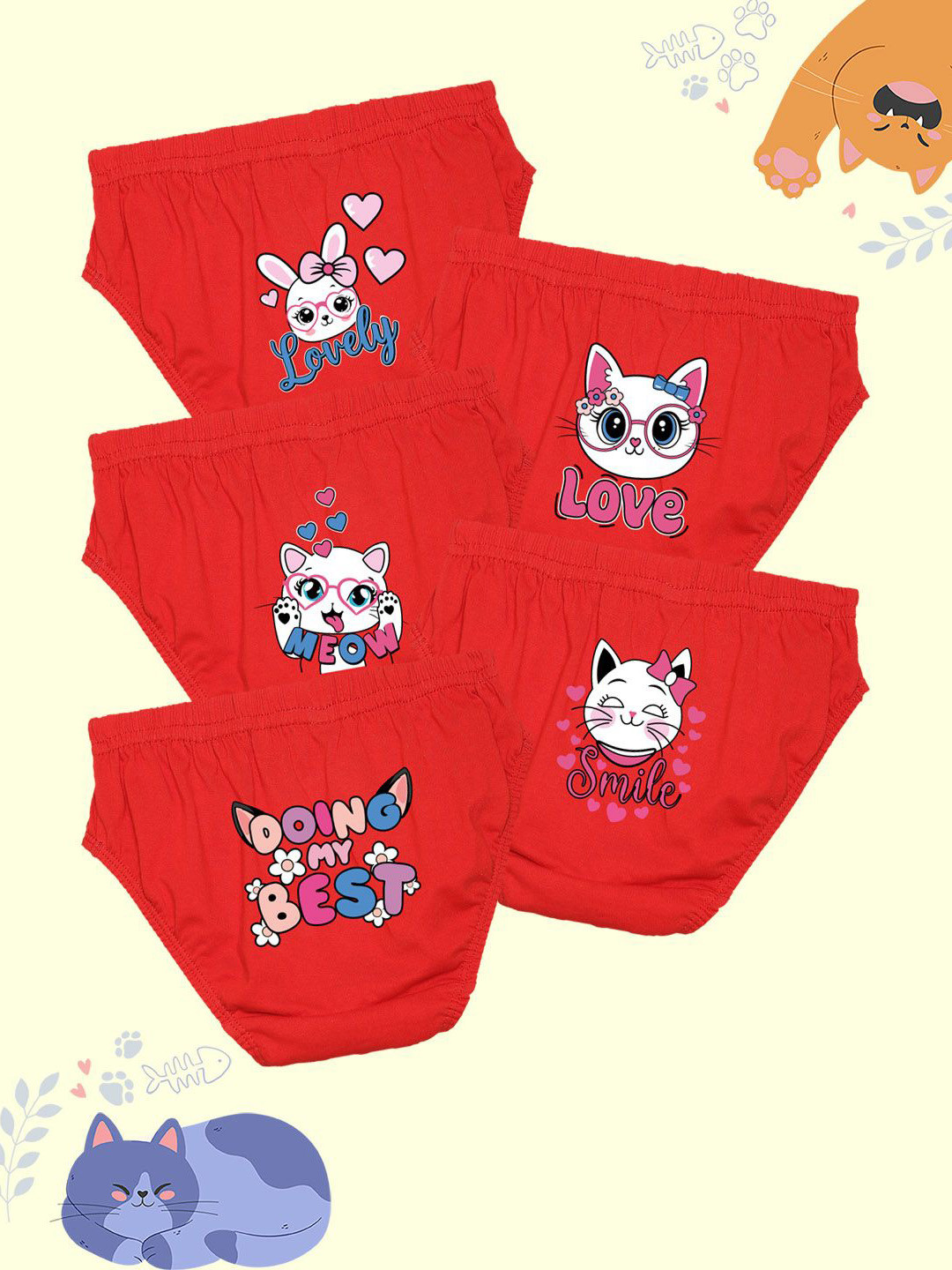 NUSYL Girls Pack Of 5 Cat Face & Text Printed Rich Cotton Briefs
