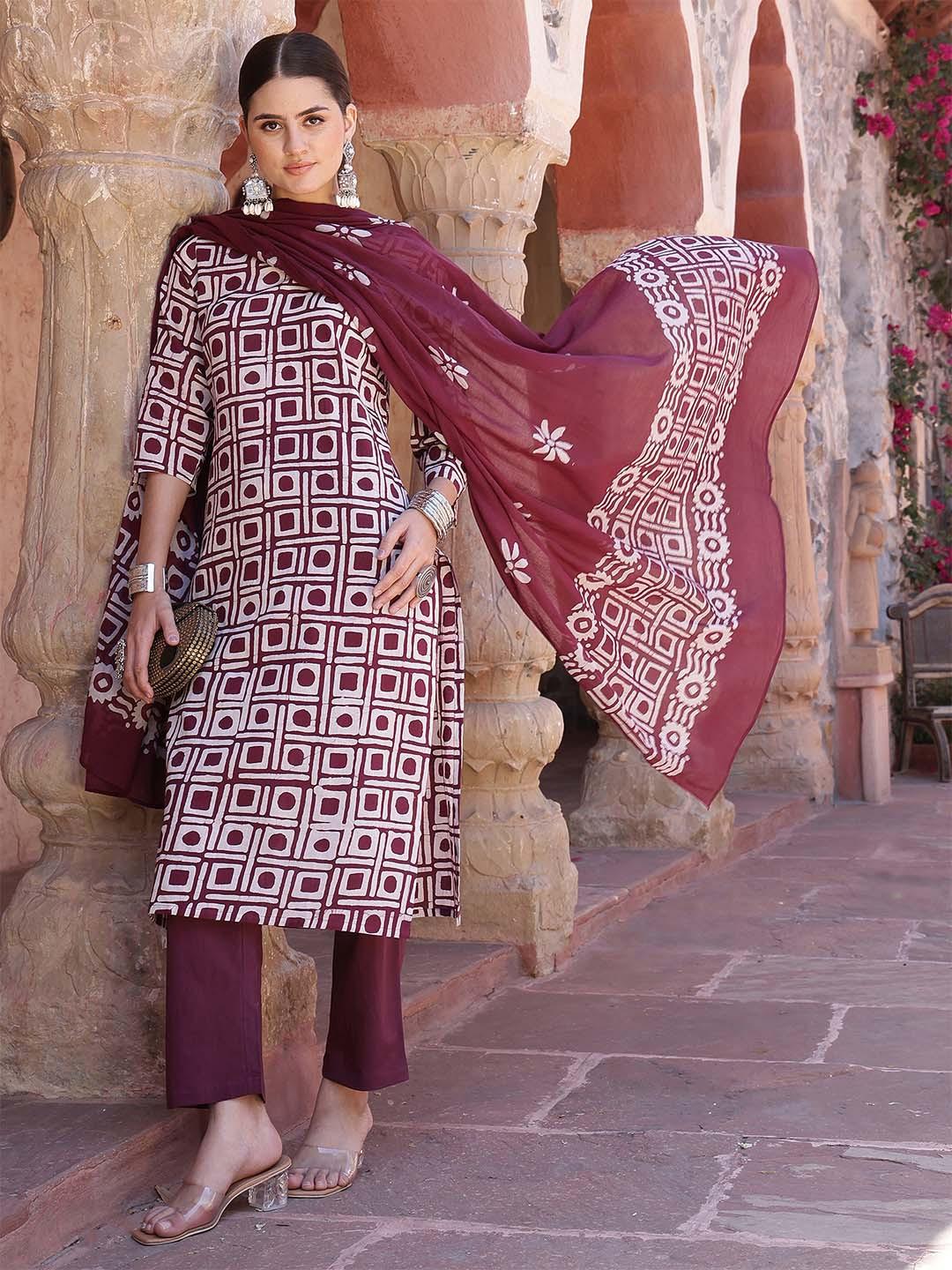Taavi Geometric Printed Batik Straight Kurta with Trouser & Dupatta