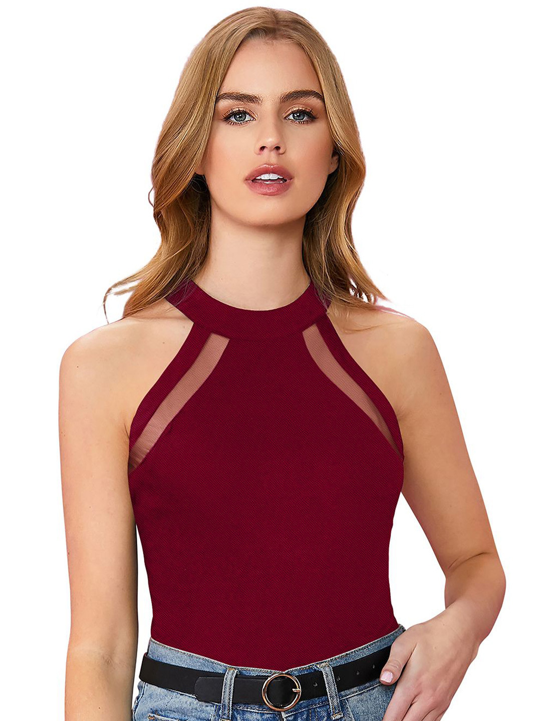 S.K.C Women Round Neck Sleeveless Fitted Top