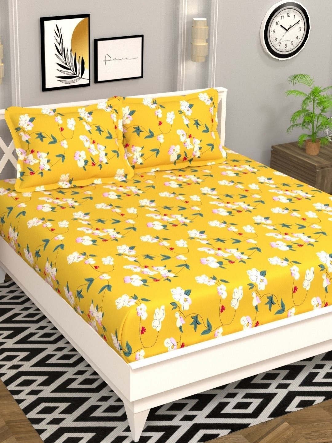 bsb home Prime Collection Yellow Floral Microfiber 144 TC Queen Bedsheet with 2 Pillow Covers-228 x 220 cm