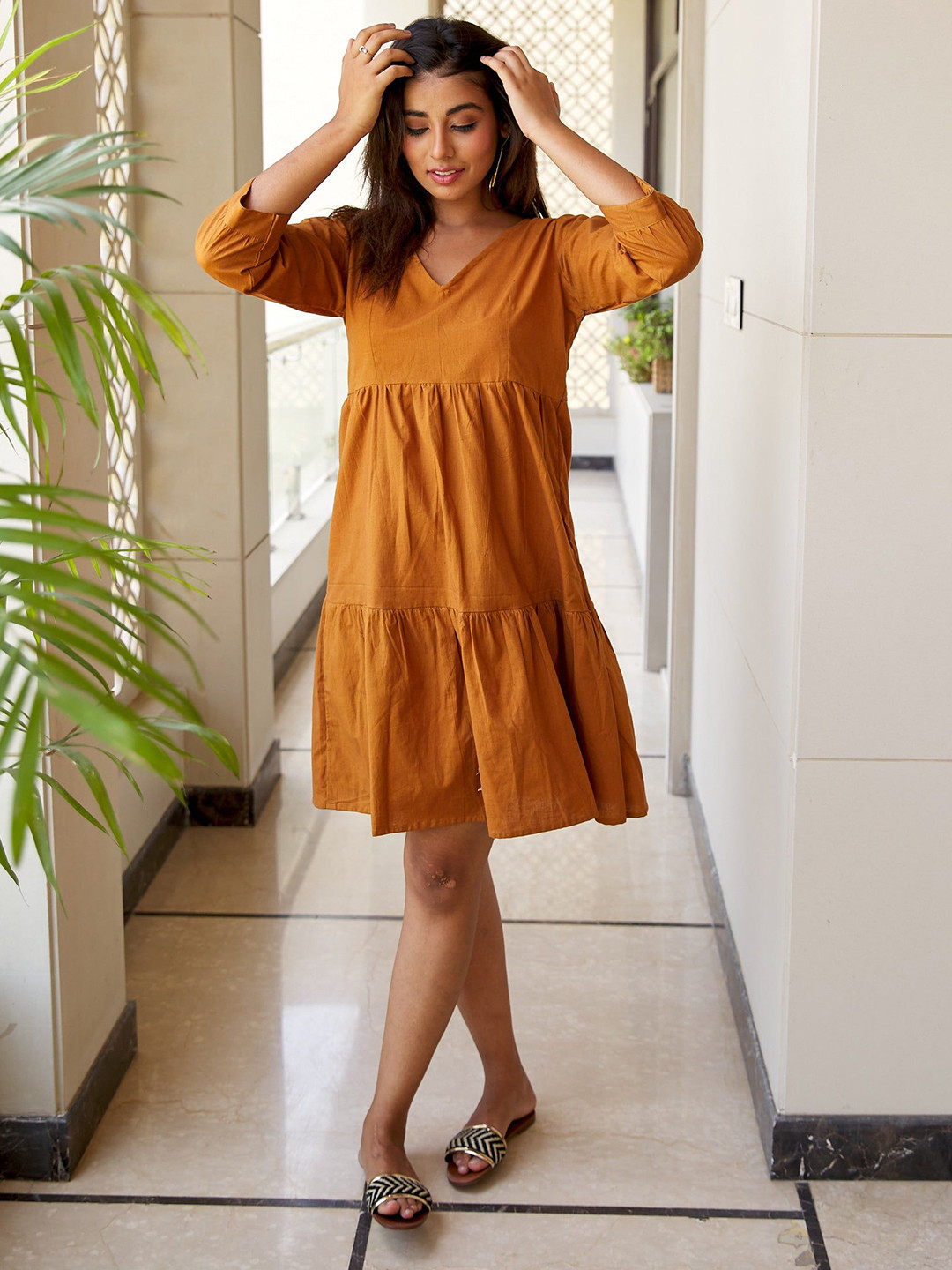 NANGALIA RUCHIRA Women Tan Tiered Linen-Blend Midi Dress