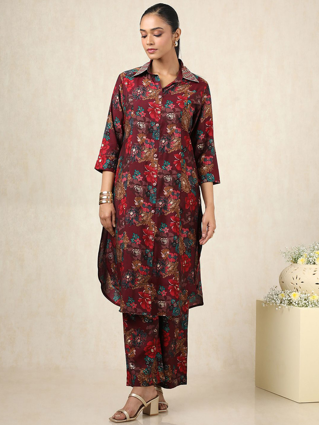Soch Floral Printed Shirt Collar Panelled Muslin Straight Kurta With Trouser