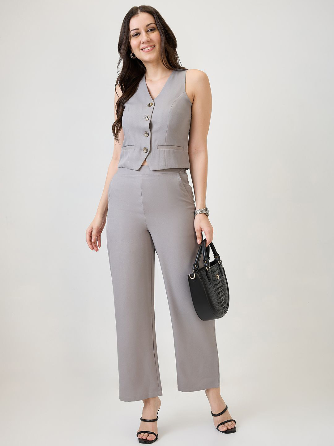 Globus V-Neck Solid Front Pocket Detail Waistcoat With Trousers Workwear Co-Ord Set