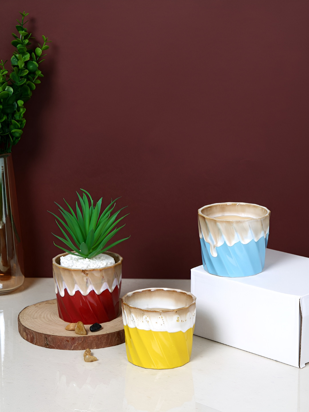 TAYHAA Yellow & Blue 3 Pieces Frosted Swirl Printed Ceramic Planters