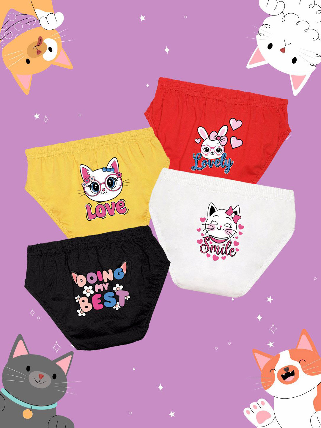 NUSYL Girls Pack Of 4 Bunny & Cat Face Printed Pure Cotton Basic BriefsNUGCBRFPO4.0014