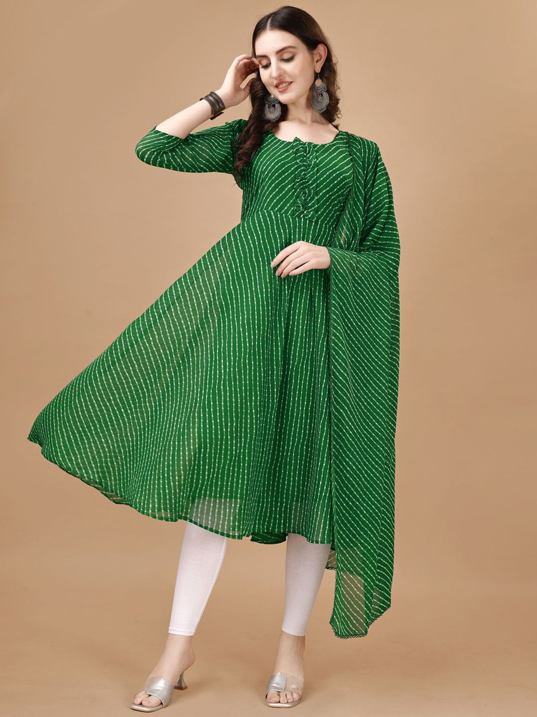 PMD Fashion Bandhani Printed Round Neck A Line Kurta With Leggings and Dupatta