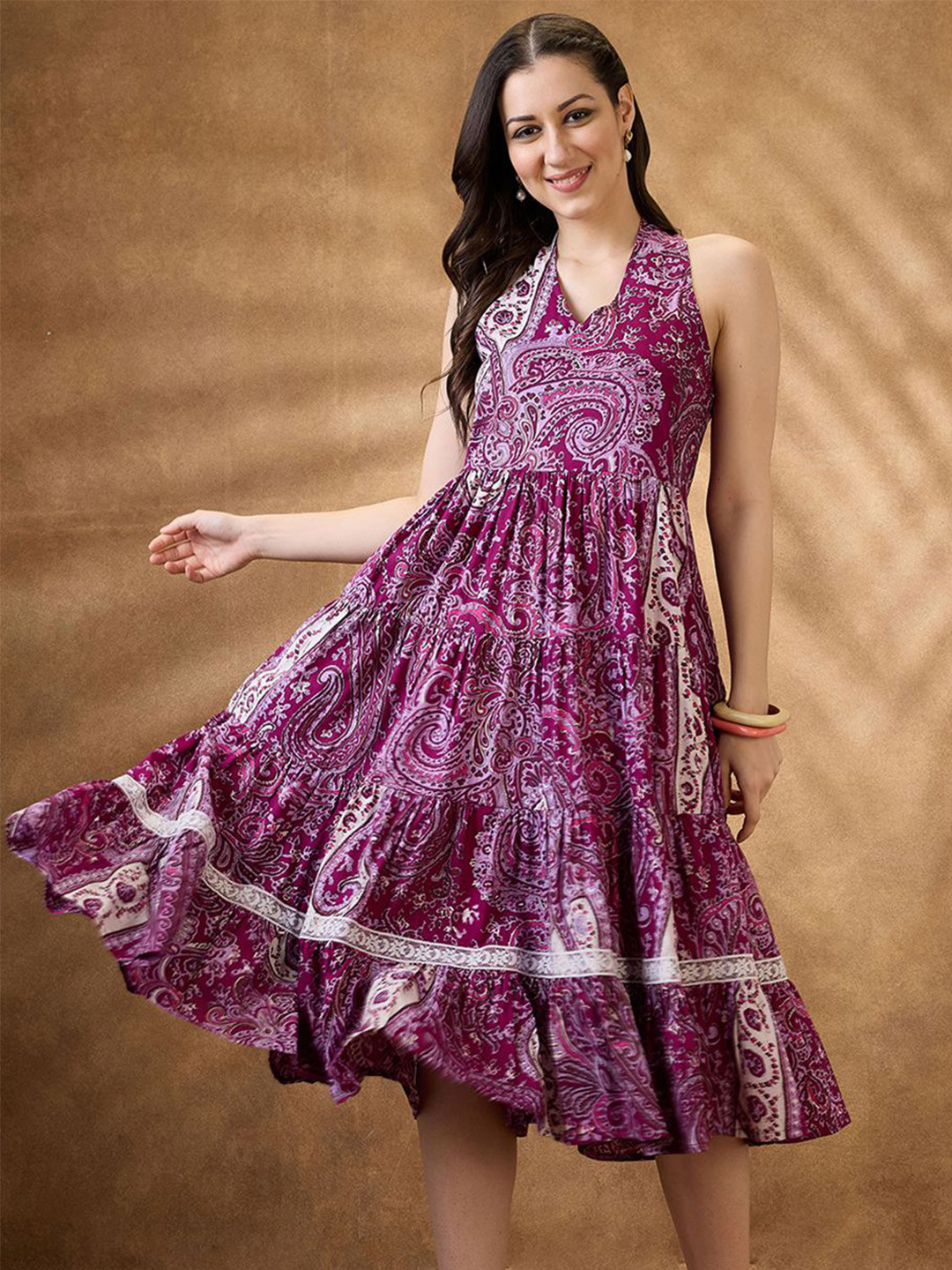 Globus Paisley Printed Halter Neck Fit and Flare Midi Dress