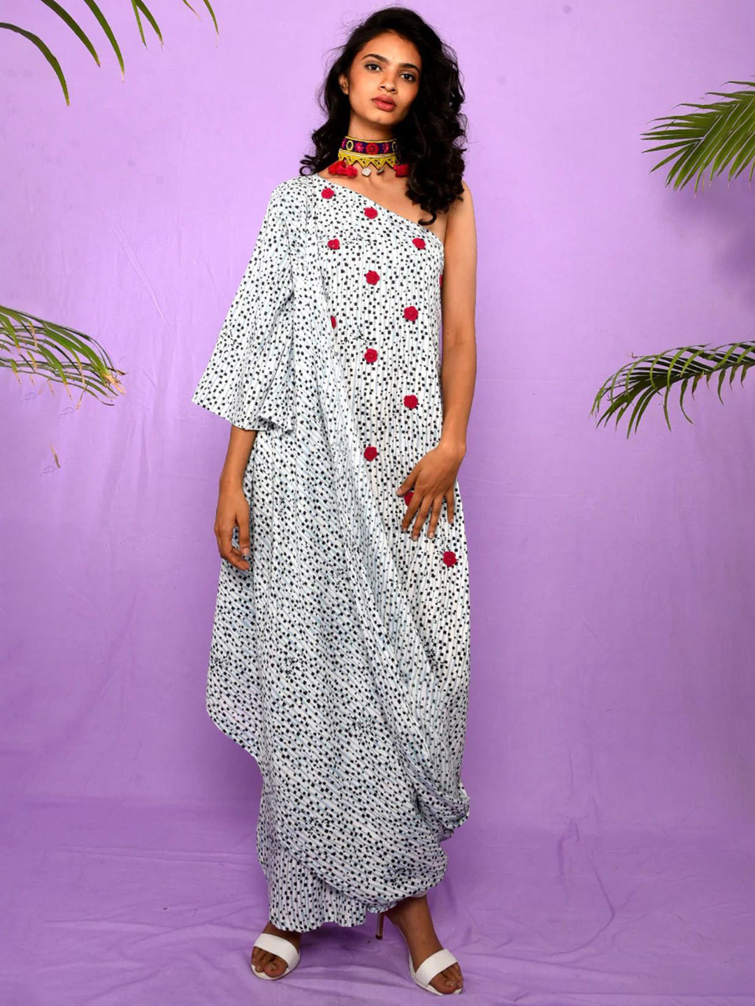 Aapro Women Block Printed One Shoulder Draped Dress