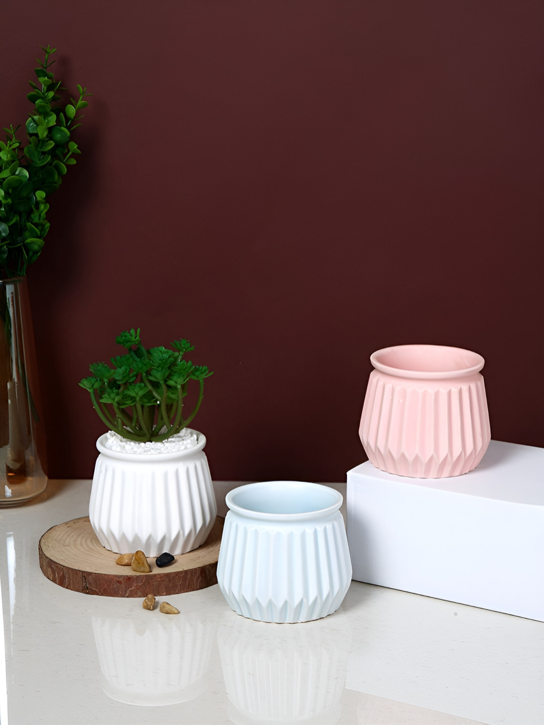 TAYHAA Pastel Elegance Pink & White 3 Pieces Ribbed Ceramic Planters