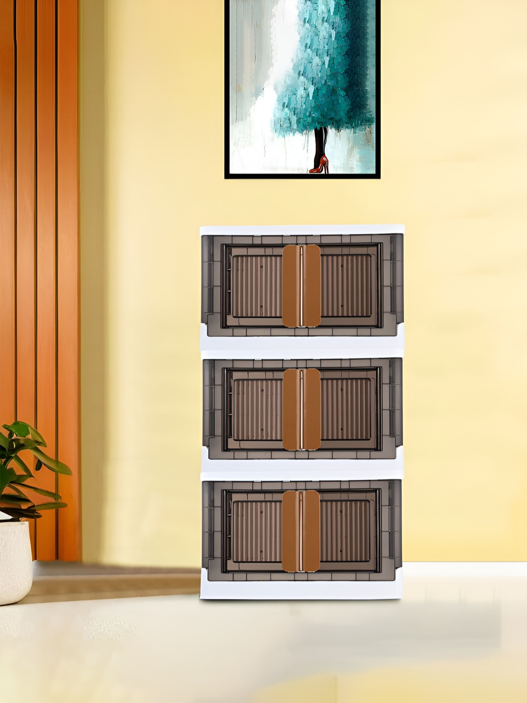 Aura Black & Brown 3 Pieces Plastic Folding Wardrobe Storage Box Double Door Organisers