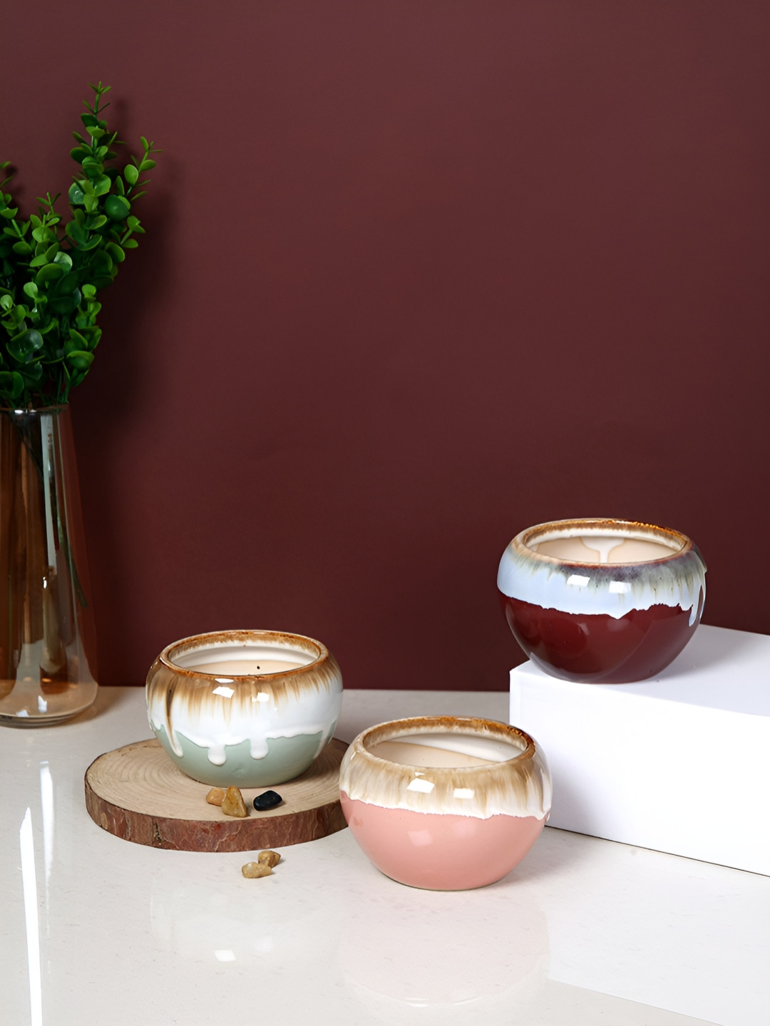 TAYHAA Glazed Horizon Green & Maroon 3 Pieces Colour-Blocked Ceramic Flower Planters