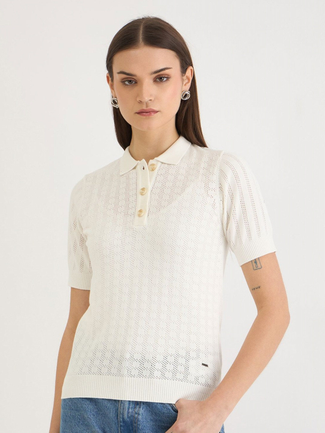 Elle Women Collared Textured Relaxed Fit Knitted Polo Collar Pure Cotton T-shirt