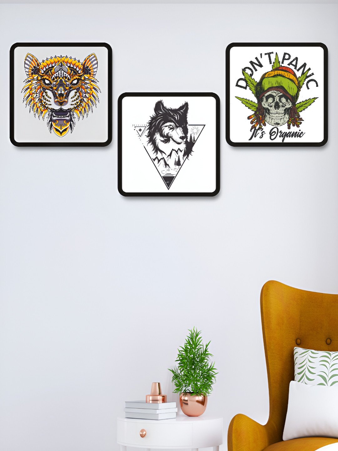 Myntra Elegant Homes White & Black 3 Pieces Animal Printed Wooden Wall Art