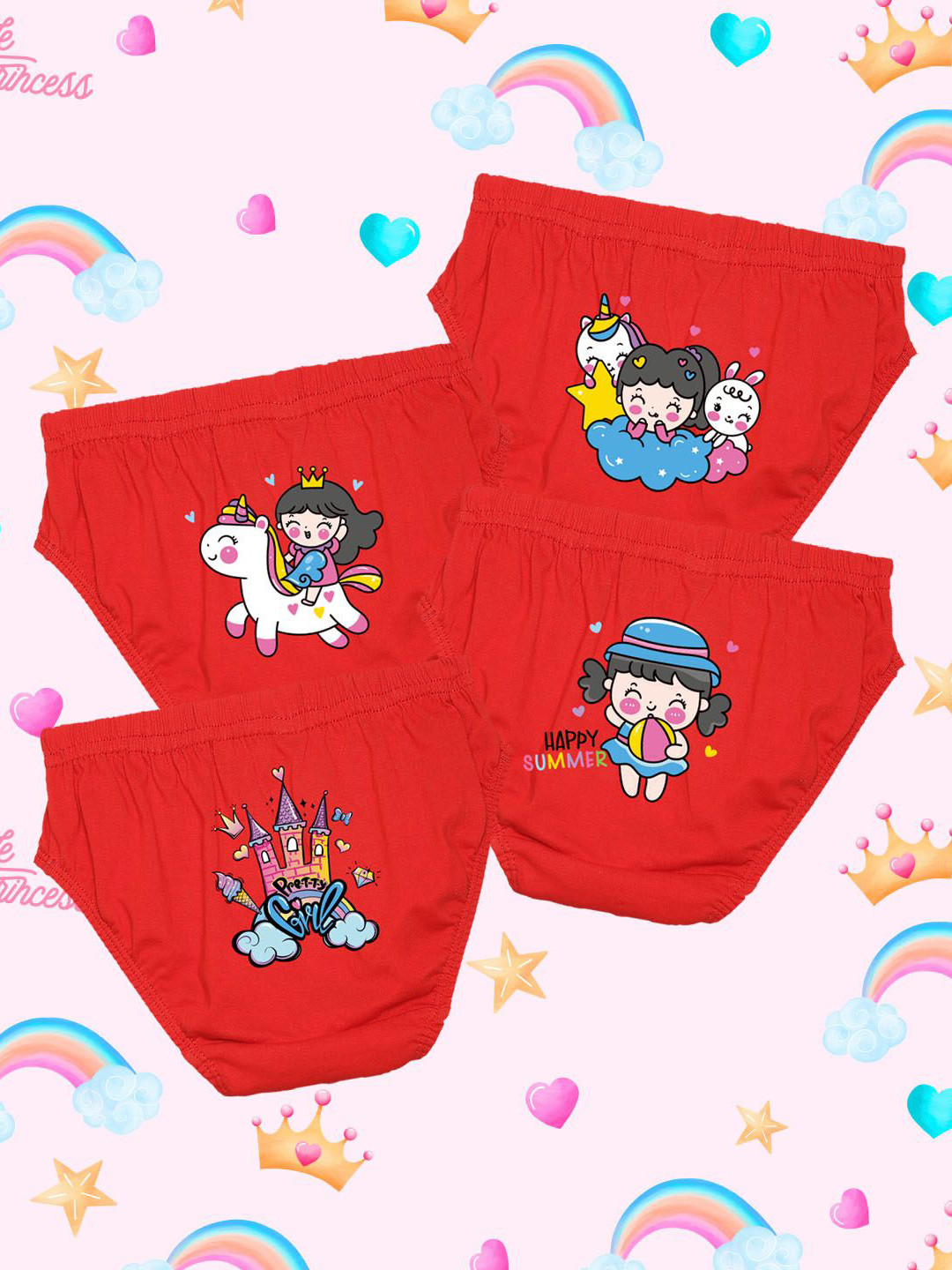 NUSYL Girls Pack Of 4 Princess & Castle Printed Pure Cotton Basic BriefsNUGCBRFPO4.0041
