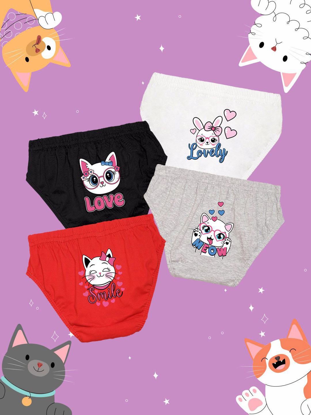 NUSYL Girls Pack Of 4 Cute Cat & Bunny Printed Pure Cotton Basic BriefsNUGCBRFPO4.0010
