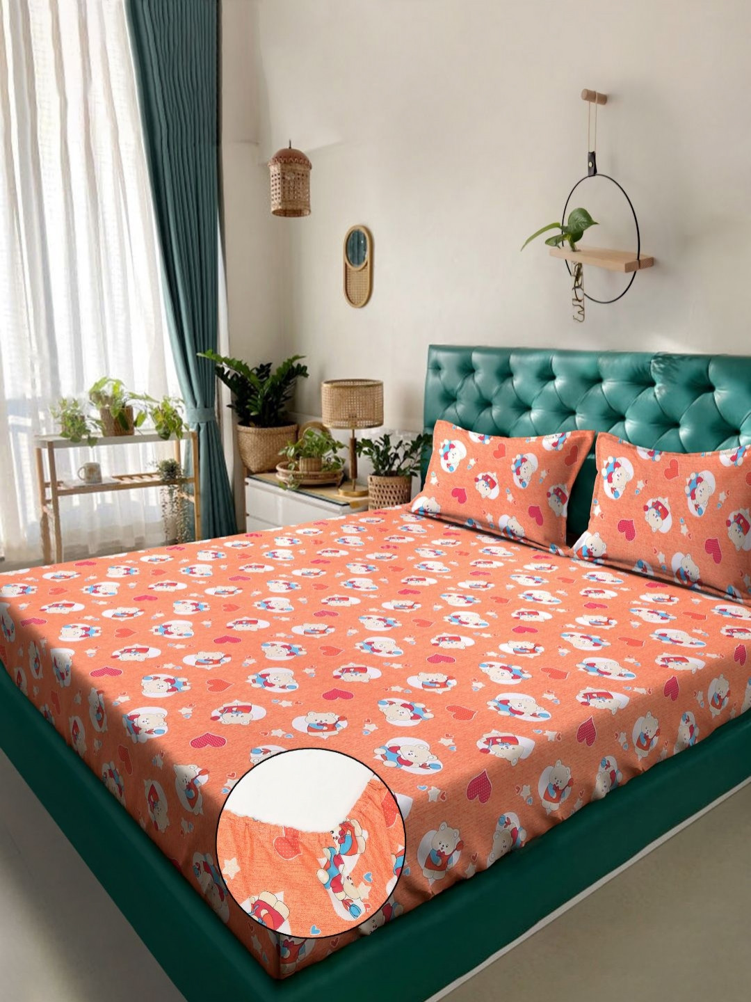 KLOTTHE Orange Conversational Pure Cotton 400 TC Fitted King Superfine Bedsheet with 2 Pillow Covers-98 x 89 inches