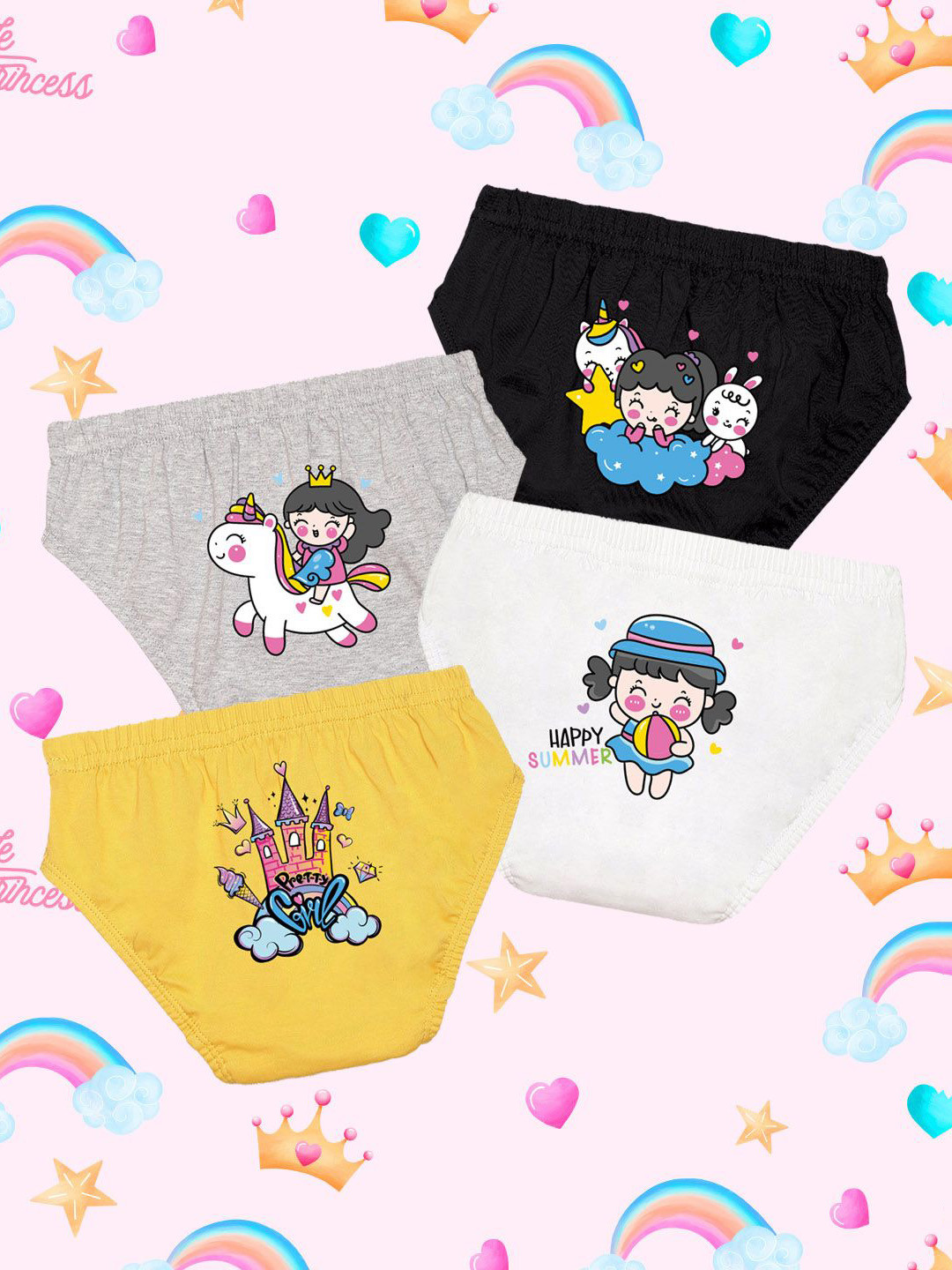 NUSYL Girls Pack Of 4 Unicorn & Happy Summer Printed Cotton Basic Briefs
