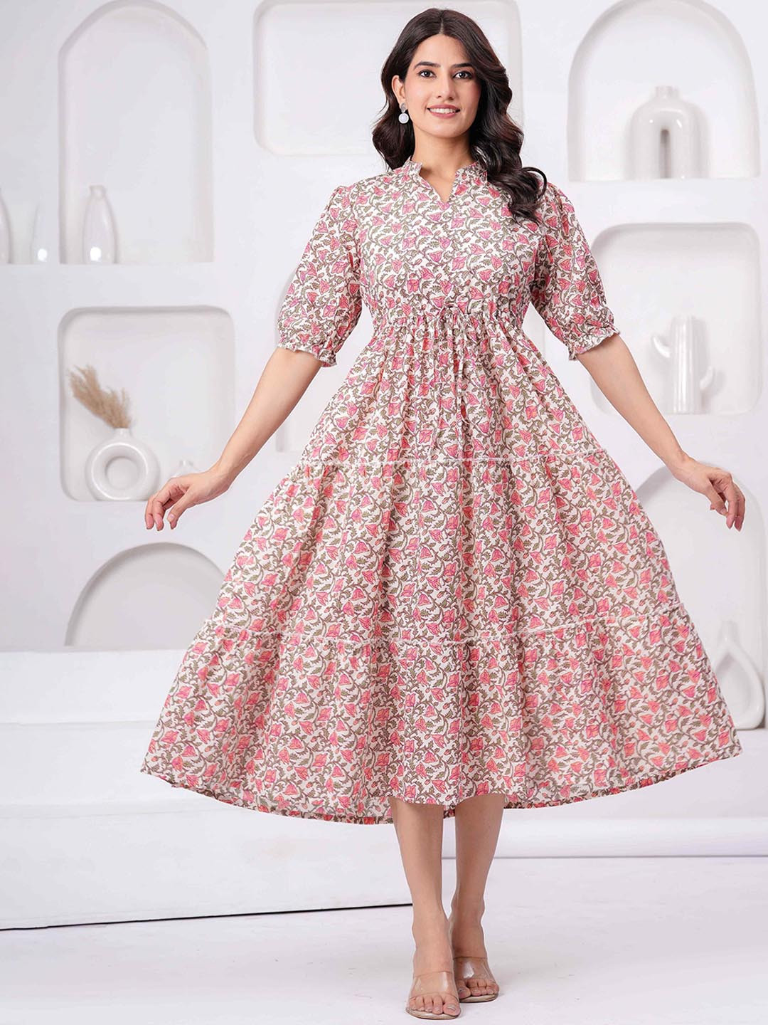 JAIMINI Floral Printed Mandarin Collar Cotton Fit And Flare Ethnic Dress