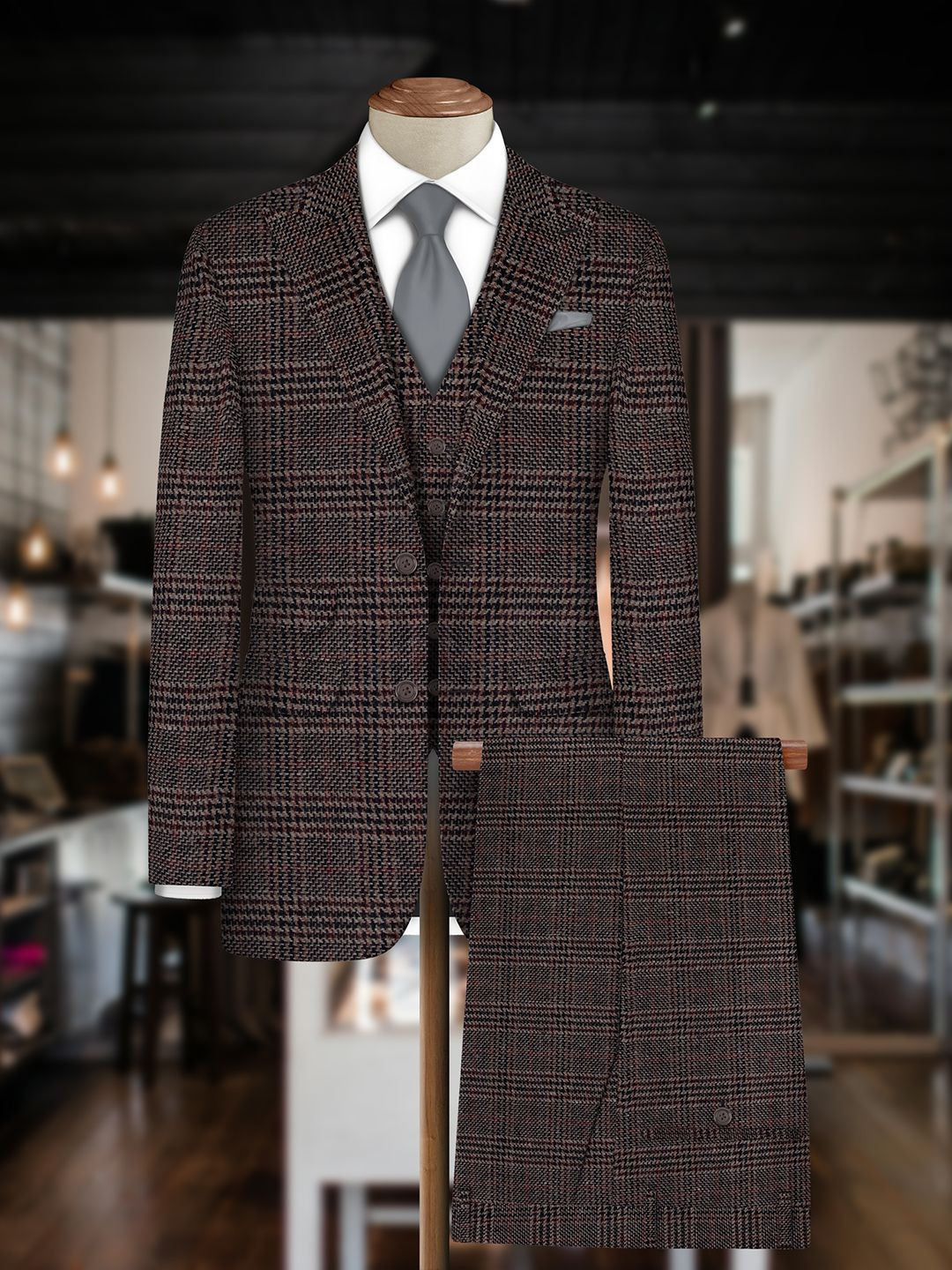 Bigreams Men Wool Checkered Three Piece Suit Fabric