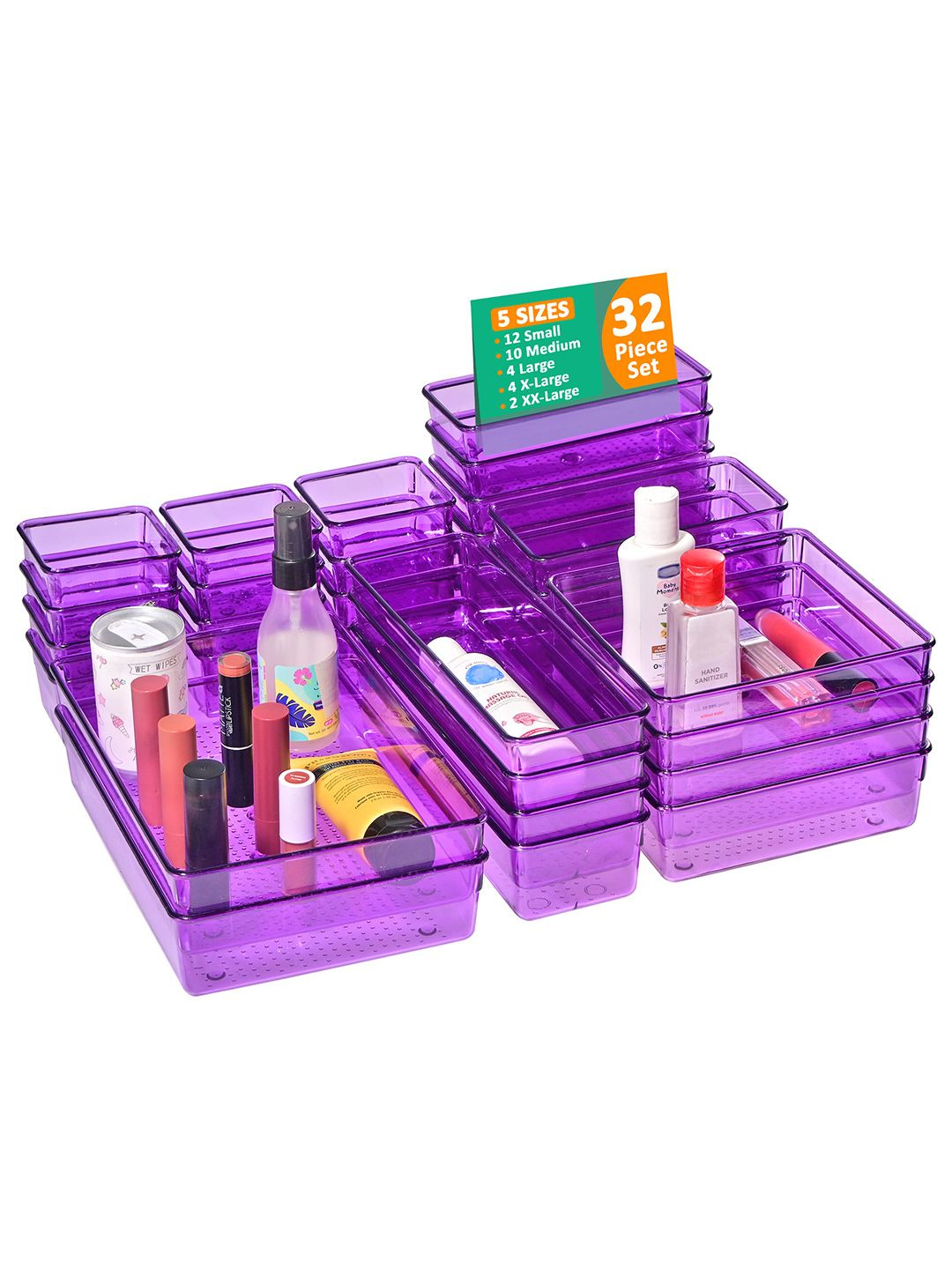 Kuber Industries Purple 32 Pieces Transparent Cosmetic Vanity Makeup Drawer Organisers