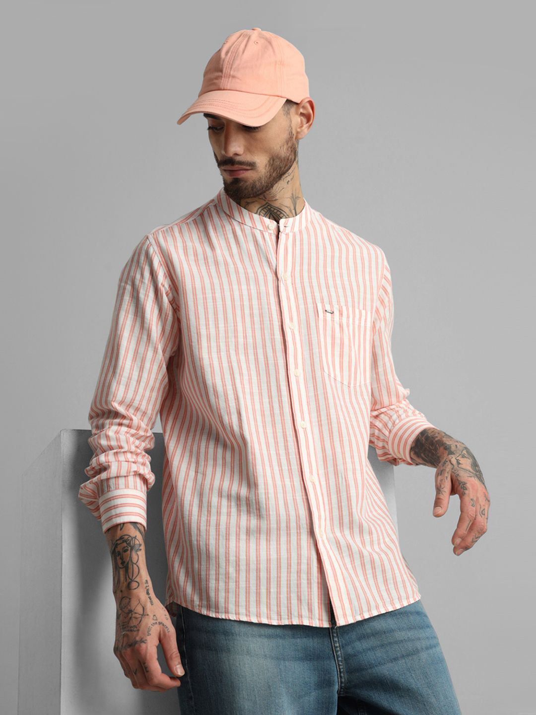 Klub Fox Men Slim Fit Band Collar Vertical Striped Cotton Casual Shirt