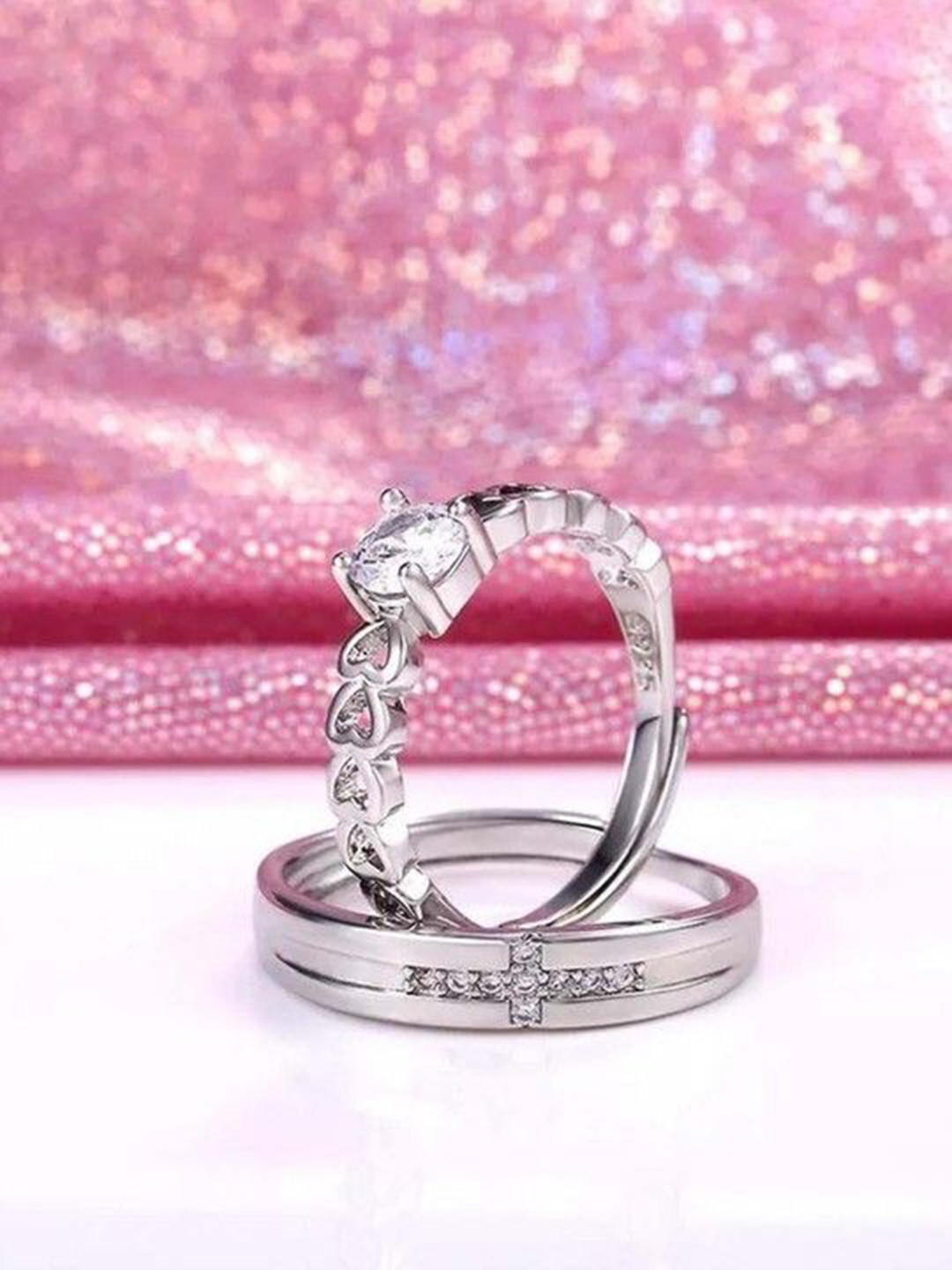 AGARWALPRODUCT Set Of 2 Sterling Silver Plated American Diamond Couple Finger Rings