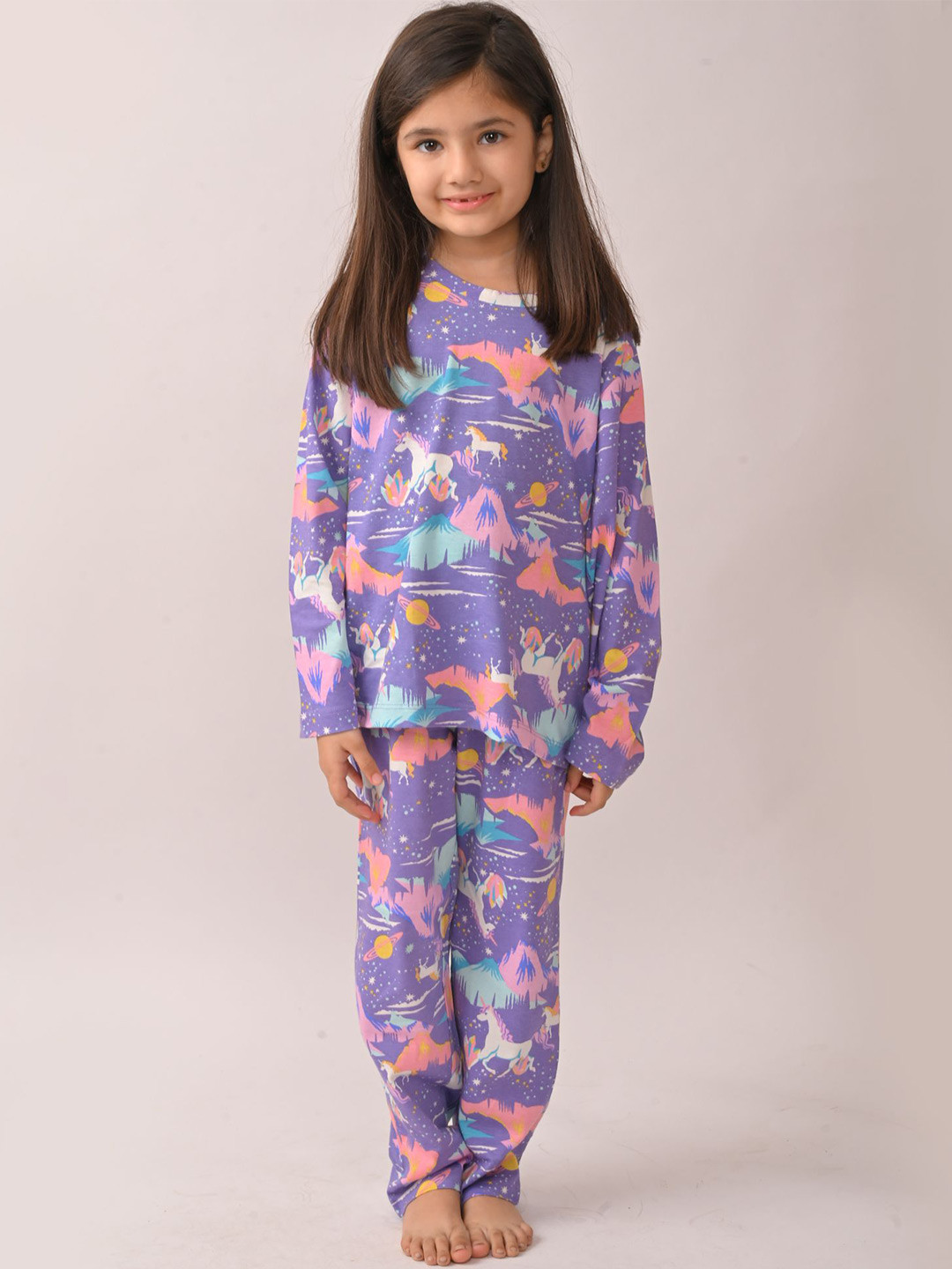 Anthrilo Girl Unicorn Planet Printed Long Sleeves Pyjama Set -Purple Night suit