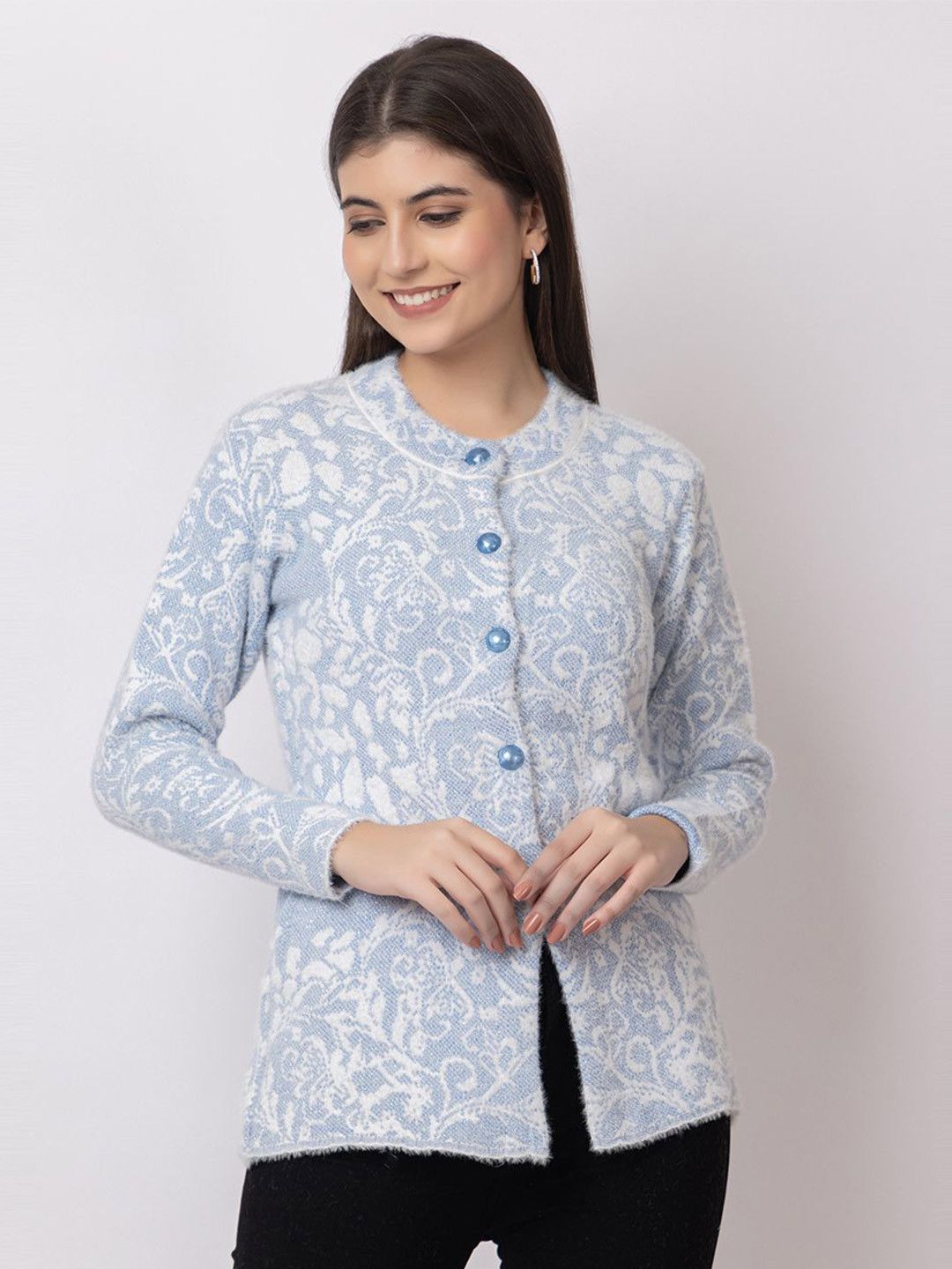 Dadu Dayal Women Ethnic Motifs Self Design Woollen Cardigan Sweaters