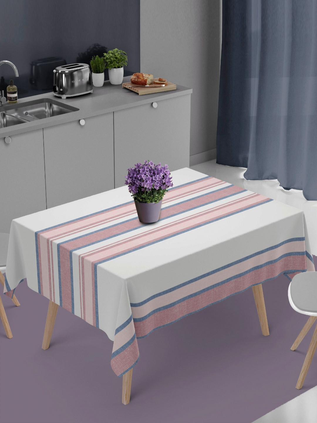 HOME COLORS.IN Red & Blue Striped Cotton 4 Seater Sqaure Table Cover