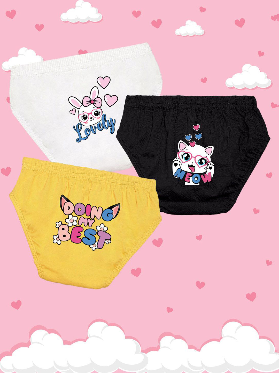NUSYL Girls Pack Of 3 Printed Pure Cotton Basic