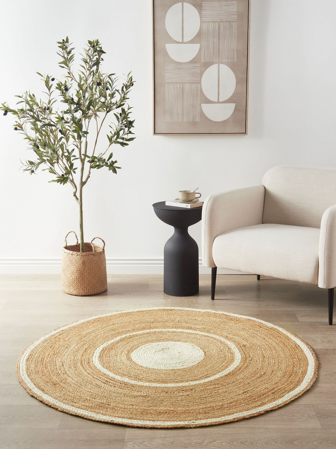 Art Avenue Christchurch Beige & White Textured Round Floor Jute Carpet