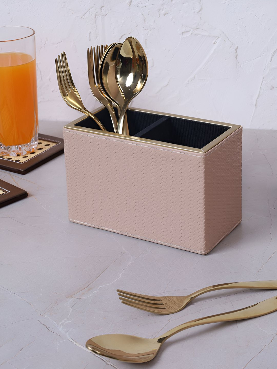 HOME 360 Beige Leather Cutlery Holder