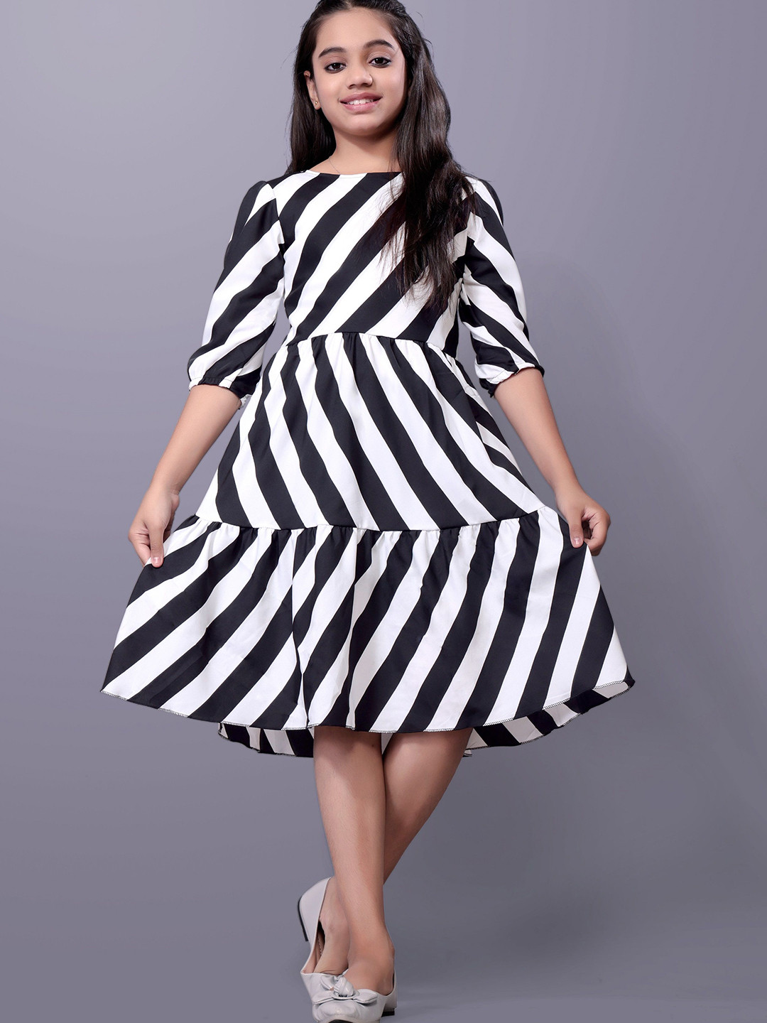 Aarya Designer Girls Printed Puff Sleeve Fit and Flare Midi Dress