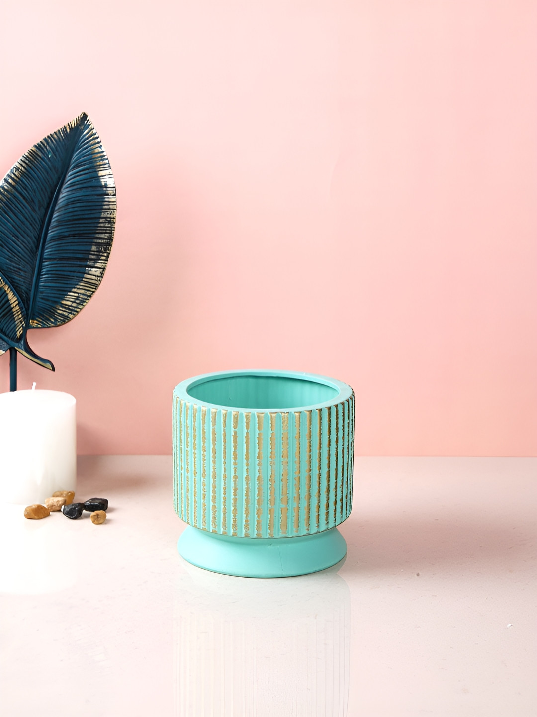 TAYHAA Green & Yellow Serene Sage Ribbed Ceramic Planter