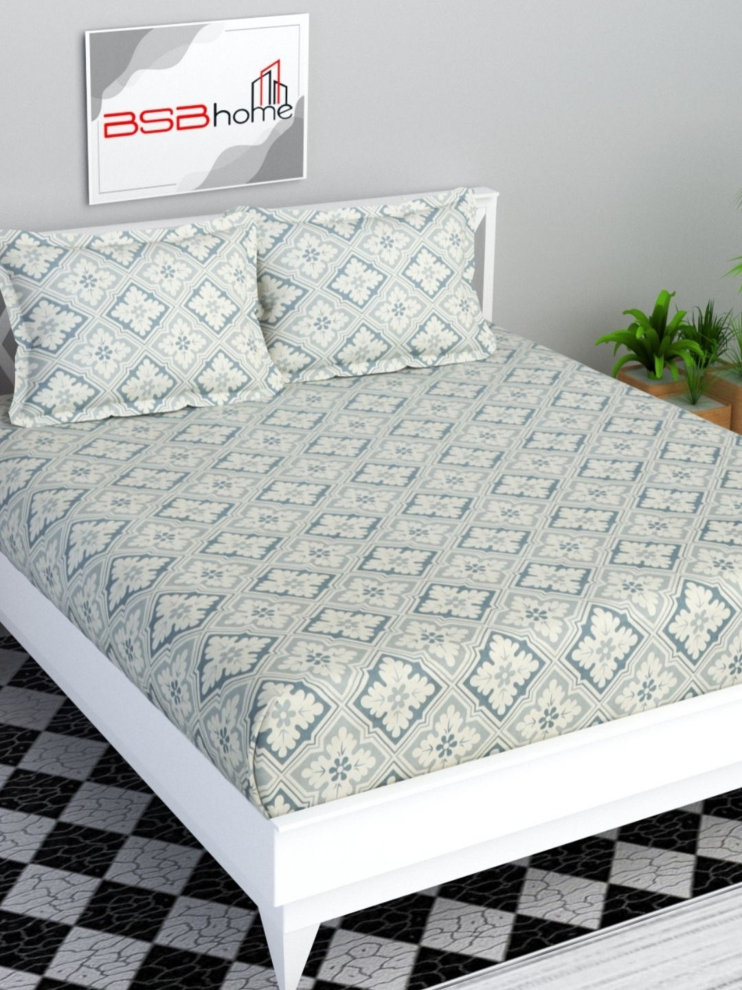 bsb home Valancia Grey Printed 160 TC Wrinklfree Queen Bedsheet Set 2.28 m x 2.20 m